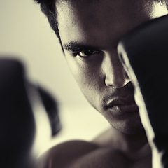 Image showing Portrait, man and serious boxer for fight, training and workout for body health isolated on a grey studio background. Sports, face and athlete in gloves ready for fitness or exercise in Brazil