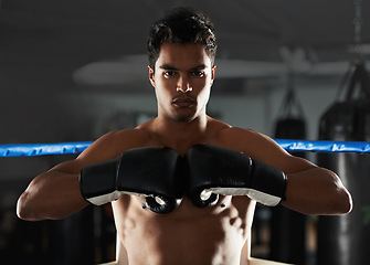 Image showing Boxer, man and gym with sport, boxing ring and confidence for workout or training. Person, exercise and fitness for health, wellness and motivation for winning with commitment for professional fight