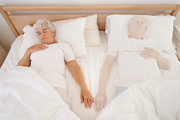 Image showing Sleeping, ghost and senior woman in bed, depression and mourning of husband or spouse in bedroom. Elderly female person, mental health and dream at home, spirit and haunted by lonely or past memory