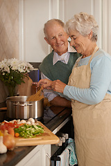 Image showing Senior couple, cooking and stove top in kitchen, food preparation and love at home. Elderly people, healthy meal and organic ingredients for nutrition, vegetables and diet for detox in retirement