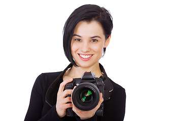 Image showing Photographer, portrait and woman with camera, digital and studio with white background or mock up. Girl, smile and employee for creative company as career, passionate and happy for job and art