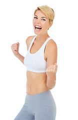 Image showing Woman, portrait and success in studio for fitness achievement, training and victory on white background. Workout model, person and winner fist for health, exercise and wellness on mockup backdrop