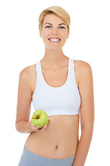 Image showing Woman, portrait and apple in studio for fitness, wellness or diet on white background, mockup or backdrop. Model, dietician or nutritionist with green fruit for cleanse, vitamins and workout