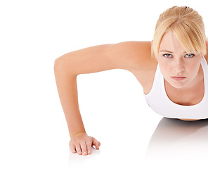 Image showing Portrait, woman and pushup for fitness, exercise and strength in studio mockup on white background. Confident, determined and strong female person with sportswear for training, health or wellness