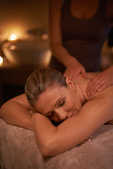 Image showing Woman, masseuse and spa day for wellness, relax and self care and back massage on table being happy. Female person, holistic health and pampering to destress, peace and detox for luxury treatment