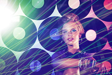 Image showing Woman, dj and portrait in nightclub with lights at rave party, sitting and wall of records for music event. Female producer, headphones and neon lasers for psychedelic feel, hipster and confidence