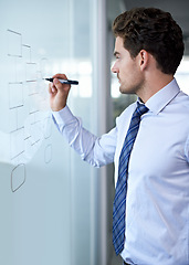 Image showing Businessman, glass wall and mind map for planning in a finance investment office. Thinking, serious and male person with a hedge fund srategy drawing or diagram for trading and investing ideas