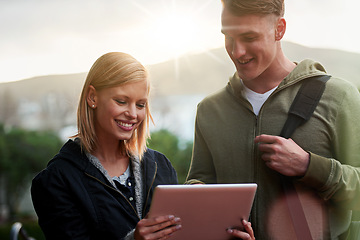 Image showing Friends, university and student with tablet on outdoor in happiness and campus for research, information and assignment. Ebook, online and college with notes for exams and study tips for assessment