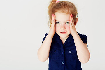 Image showing Portrait, fashion and shocked girl child in studio on white background with space for kids style. Face, surprise and mind blown with adorable youth in clothes for children to model trendy outfit