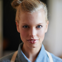 Image showing Portrait, waitress and woman in a cafe as a small business owner ready for service closeup. Restaurant, face and female person in an apron with confidence and working in a kitchen for barista career