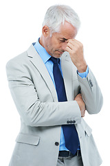 Image showing Business man, headache and stress against a white background about accounting. Manager pain from migraine, pressure working on financial project and budget fail or trading for stock market mistake