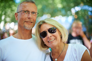 Image showing Senior couple, portrait and happy at music festival in nature, excited and bonding with love in forest. Mature man, woman and smile on face at summer carnival and care on retirement holiday in europe