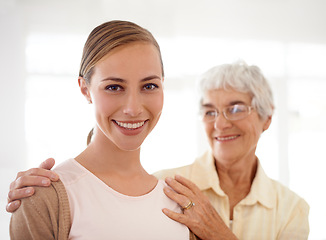 Image showing Elderly mom, daughter and portrait with hug, pride and care for love, bonding and reunion in family home. People, senior mom and women with celebration for mothers day, connection and smile in house