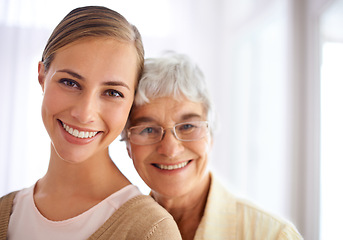 Image showing Senior woman, daughter and portrait with hug, pride and care for love, bonding and reunion in family home. People, elderly mom and mothers day celebration with connection, together and smile in house