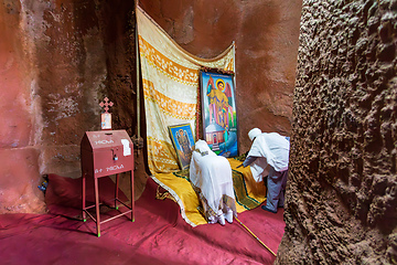 Image showing Orthodox christian Ethiopian people inside famous rock-hewn church, Lalibela Ethiopia people diversity,