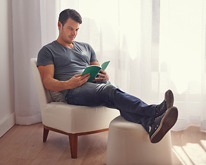 Image showing Handsome man, relax and reading with book on chair in living room for story, literature or novel at home. Happy male person or young adult with smile for information, knowledge or learning in leisure