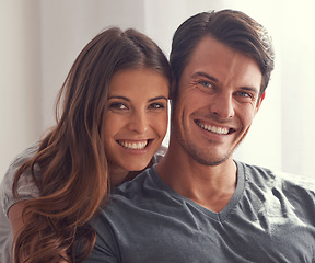 Image showing Happy couple, portrait and relax with love for bonding, affection or support together at home. Face of man and woman with smile in happiness or satisfaction for relationship or holiday at apartment