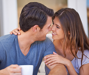 Image showing Happy couple, coffee and love with romance for morning or affection together at home. Face of young man and woman with smile, cup of tea or cappuccino for intimacy, support or care in trust at house