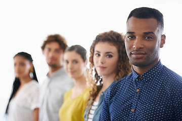 Image showing Recruitment, diversity and portrait of group, line and wait for interview on white background. Male person, candidates and job hiring for internship, staff or potential career for businesspeople