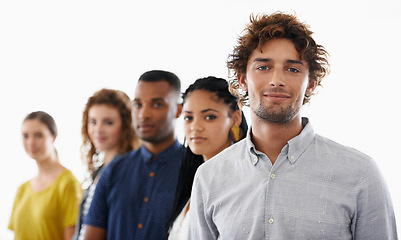 Image showing Smile, confident and team of business people in studio with collaboration, unity or diversity. Happy, pride and portrait of professional group of young creative designers isolated by white background