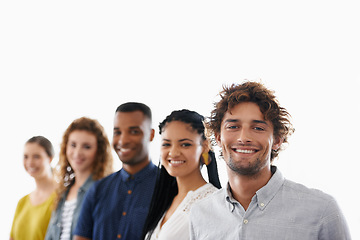 Image showing Smile, portrait and team of business people in studio with collaboration, unity or diversity. Confident, happy and mentor with group of creative designers isolated by white background with mockup.