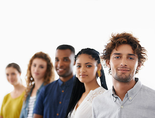 Image showing Happy, pride and team of business people in studio with collaboration, unity or diversity. Confident, smile and portrait of group of creative designers isolated by white background with mockup space.