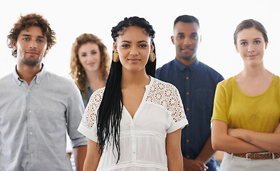 Image showing Business people, portrait and happy with teamwork in studio for recruitment, onboarding and hiring process with pride. Collaboration, professional workers and face with diversity on white background