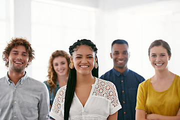 Image showing Business people, portrait and happy with teamwork at work for recruitment, onboarding or hiring process in office. Collaboration, professional workers and face with smile, diversity and creative team