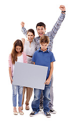 Image showing Parents, kids and studio with space on poster in portrait with cheers for winning, love and success by white background. Mother, dad and children with mock up, promotion and celebration with family