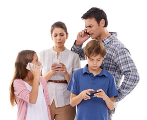 Image showing Family, phone and technology in studio for communication with text message, conversation and video streaming. Father, mother and children with smartphone, internet and mobile chat on white background