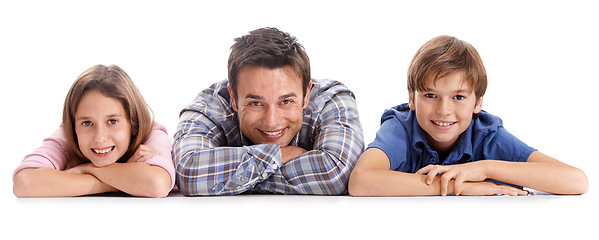 Image showing Happy, relax and portrait of father with children on a white background for bonding, relationship and love. Family, parenthood and dad, girl and boy on floor for support, care and affection in studio