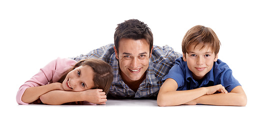 Image showing Happy, white background and dad and kids on floor for bonding, relationship and love. Family, parenthood and dad hug, embrace and smile with girl and boy for support, care and affection in studio