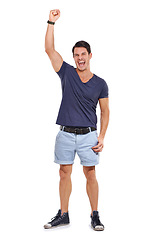 Image showing Portrait, excited and man with fist pump for success, victory or winning in studio on mockup. Happy, male model and smile for celebration of achievement, good news or triumph on white background