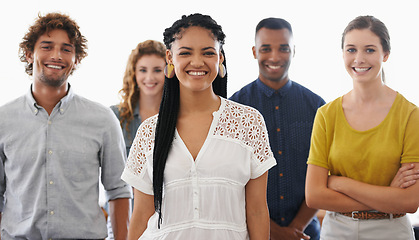 Image showing Business people, portrait and smile with teamwork in studio for recruitment, onboarding and hiring process with pride. Collaboration, professional workers and face with diversity on white background