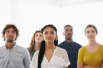 Image showing Business people, face and confidence with teamwork in office for recruitment, onboarding or hiring process at work. Collaboration, professional workers and pride, diversity or creative team on mockup