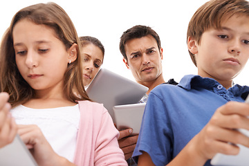 Image showing Mother, father and children with tablet on a white background for internet, website or online games. Family, ignore and mom, dad and kids on digital tech for streaming, connection or videos in studio