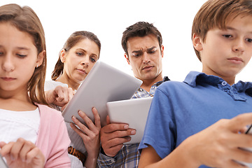 Image showing Mother, father and children with tablet for distraction on internet, website and online games. Family, ignore and mom, dad and kids on digital tech for streaming, connection and videos in studio