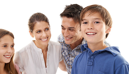 Image showing Portrait of mom, dad and children on a white background for bonding, relationship and love. Family, happy and face of isolated mother, father and kids smile for support, care and relax in studio