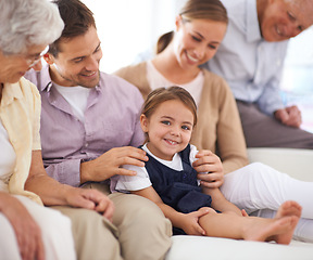 Image showing Portrait, big family and happy kid on sofa in home for bonding, love or child relax together with parents. Face, grandparents and girl with mother and father in living room with smile for connection