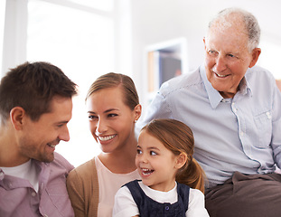 Image showing Parents, grandfather and child or happiness on couch for healthy development, security and comfort in apartment. Family, men and woman with girl kid, smile and bonding for parenting and love in house