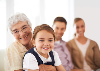 Image showing Portrait, family and happy kid with grandmother in home for bonding, love or care together with parents. Face, grandma and girl child with mother and father in living room with smile for connection