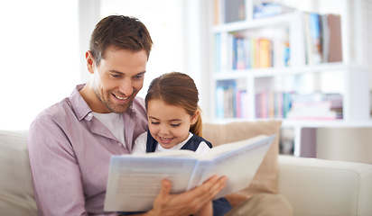 Image showing Father, kid and reading book for storytelling, happy with bonding at home and knowledge for education. Man, young girl and story time for fantasy and learning with love and care together in lounge