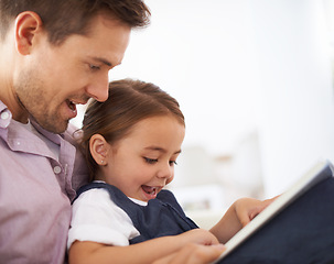 Image showing Father, child with book for reading and fairytale, happy with bonding at home and knowledge for education. Man, young girl and storytelling for fantasy and learn with love and care together in lounge