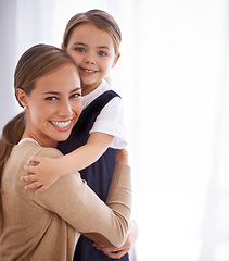 Image showing Mother, child and hug for love and security, happy in portrait with bonding and care at family home. Safety, trust and affection with embrace to nurture and people with joy and comfort for connection