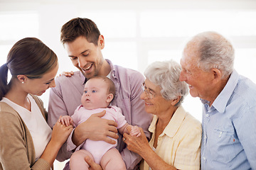 Image showing Parents, grandparents and baby with happiness in home for healthy development, security and comfort in apartment. Family, men and women with infant, smile and embrace for parenting, bonding and love