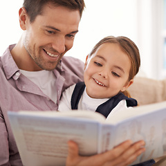 Image showing Father, child and reading book for fairytale, happy with bonding at home and knowledge for education. Man, young girl and story time for fantasy and learning with love and care together in lounge