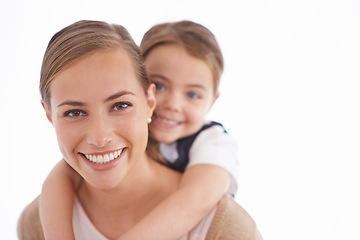 Image showing Mother, child and piggyback in portrait in studio with games, love and bonding with smile while playing on white background. Playful woman, young girl and happy with fun time together for childhood