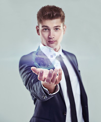 Image showing Business, man and world hologram for future, digital age and connect with technology. Internet, communication and online advantage of web globalisation, network and accessibility on grey background