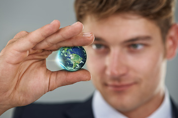 Image showing Hand, globe and hologram, business man for corporate global network and communication worldwide. Planet Earth, international professional development and future for globalization on grey background