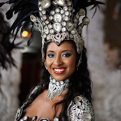 Image showing Brazilian woman, dancer and portrait of street performer in carnival for music and professional entertainer in band. Young passista, face and happy in feathers and costume for rio de janeiro festival